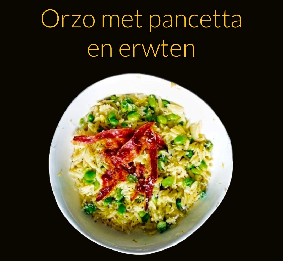 Comfy Orzo recept met pancetta en erwten.