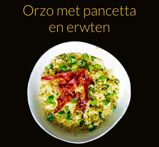 Comfy Orzo recept met pancetta en erwten.
