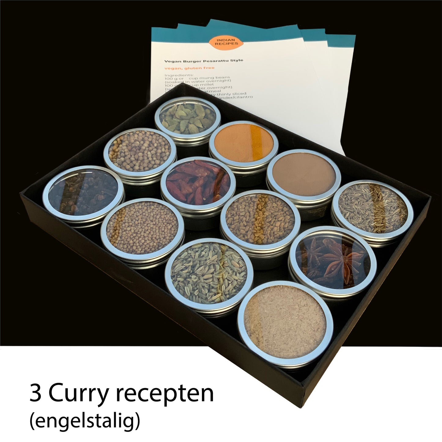 indiase kruiden en 3 indiase recepten in een mooie geschenkverpakking. masala kruiden.