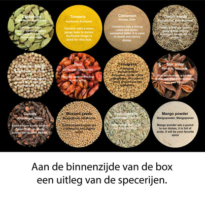 indiase kruiden en 3 indiase recepten in een mooie geschenkverpakking. masala kruiden.