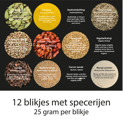 curry kruiden voor het maken van heerlijke curry recepten. 3 curry recepten en 12 blikjes currykruiden