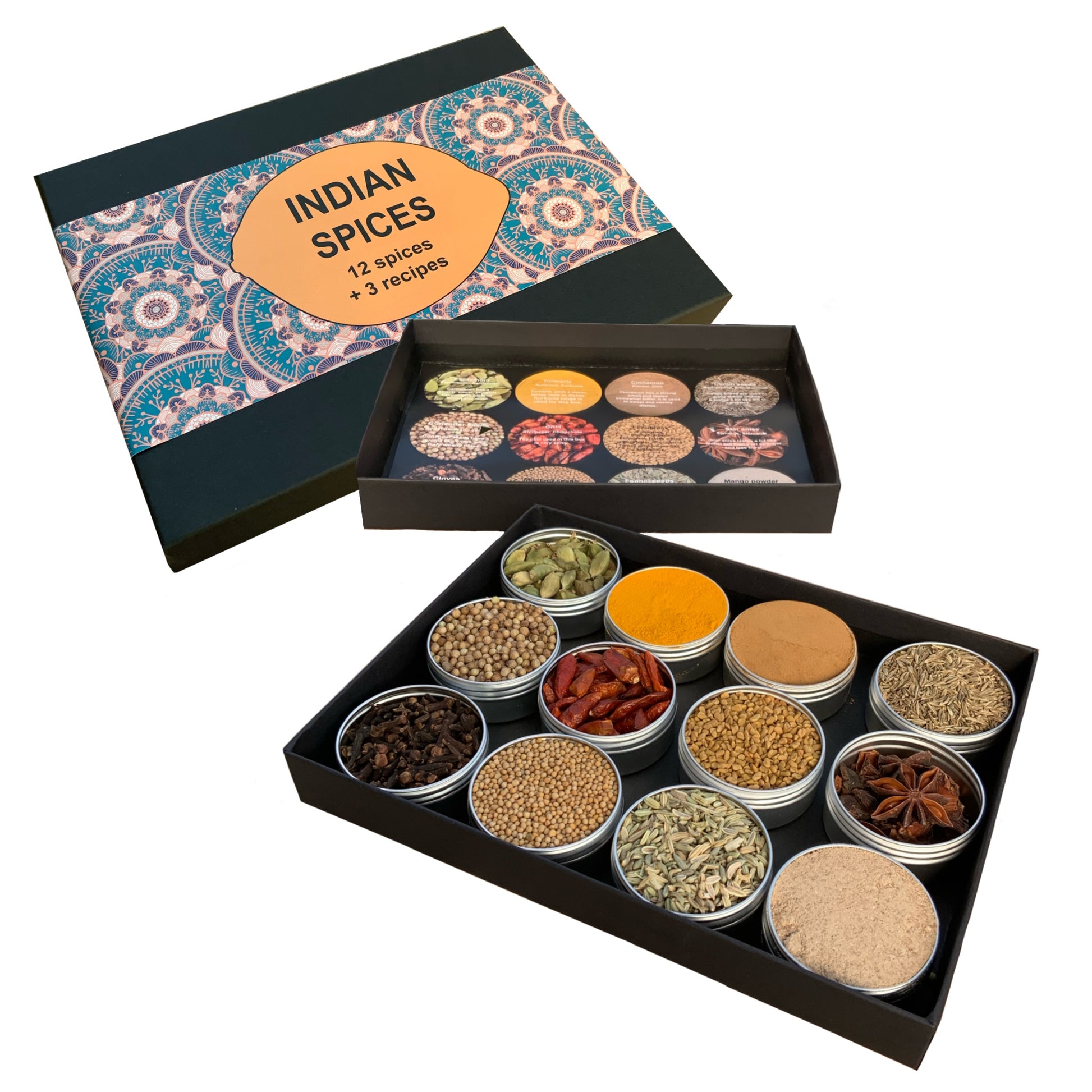 indiase kruiden en 3 indiase recepten in een mooie geschenkverpakking. masala kruiden.