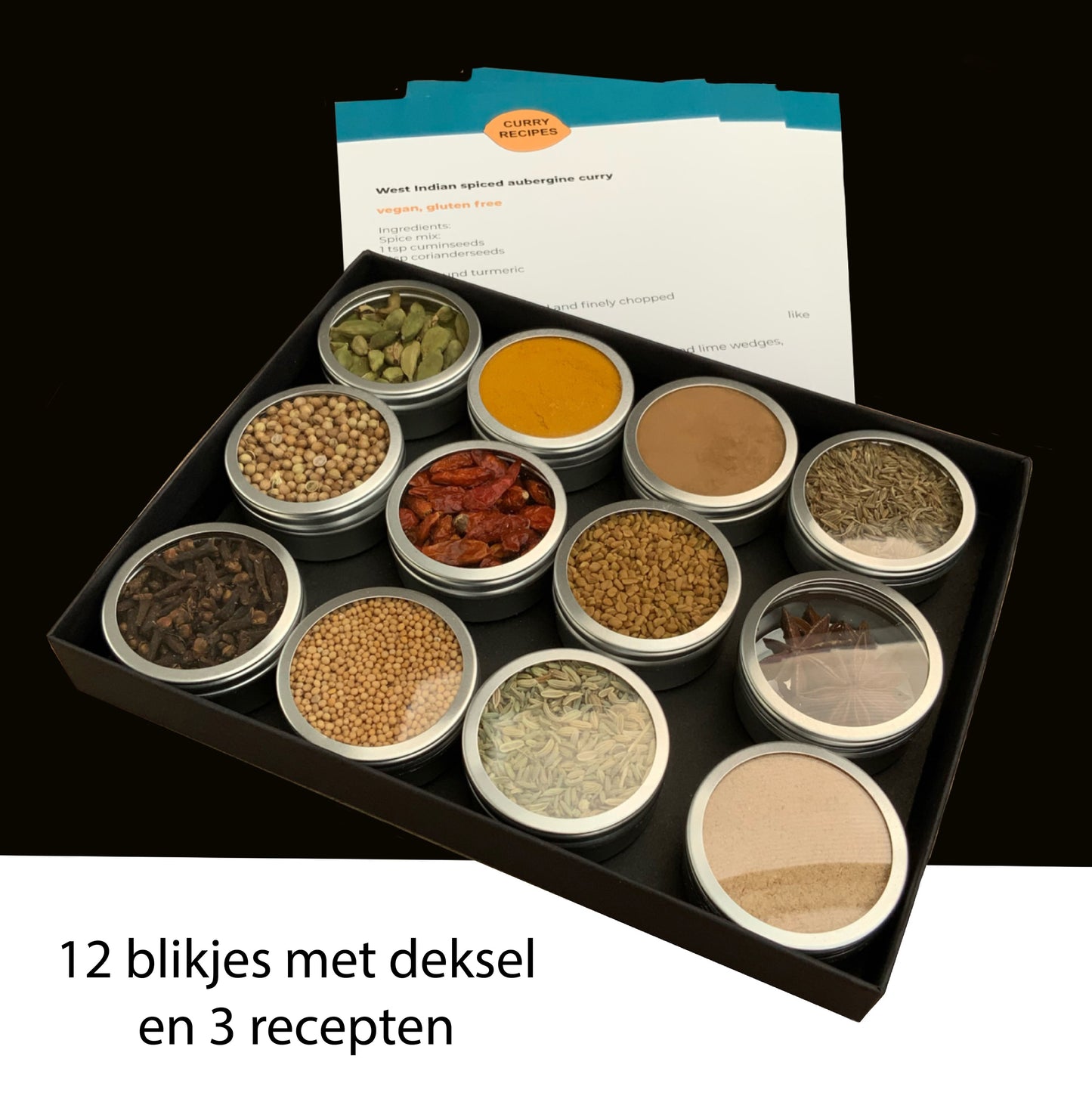 curry kruiden voor het maken van heerlijke curry recepten. 3 curry recepten en 12 blikjes currykruiden