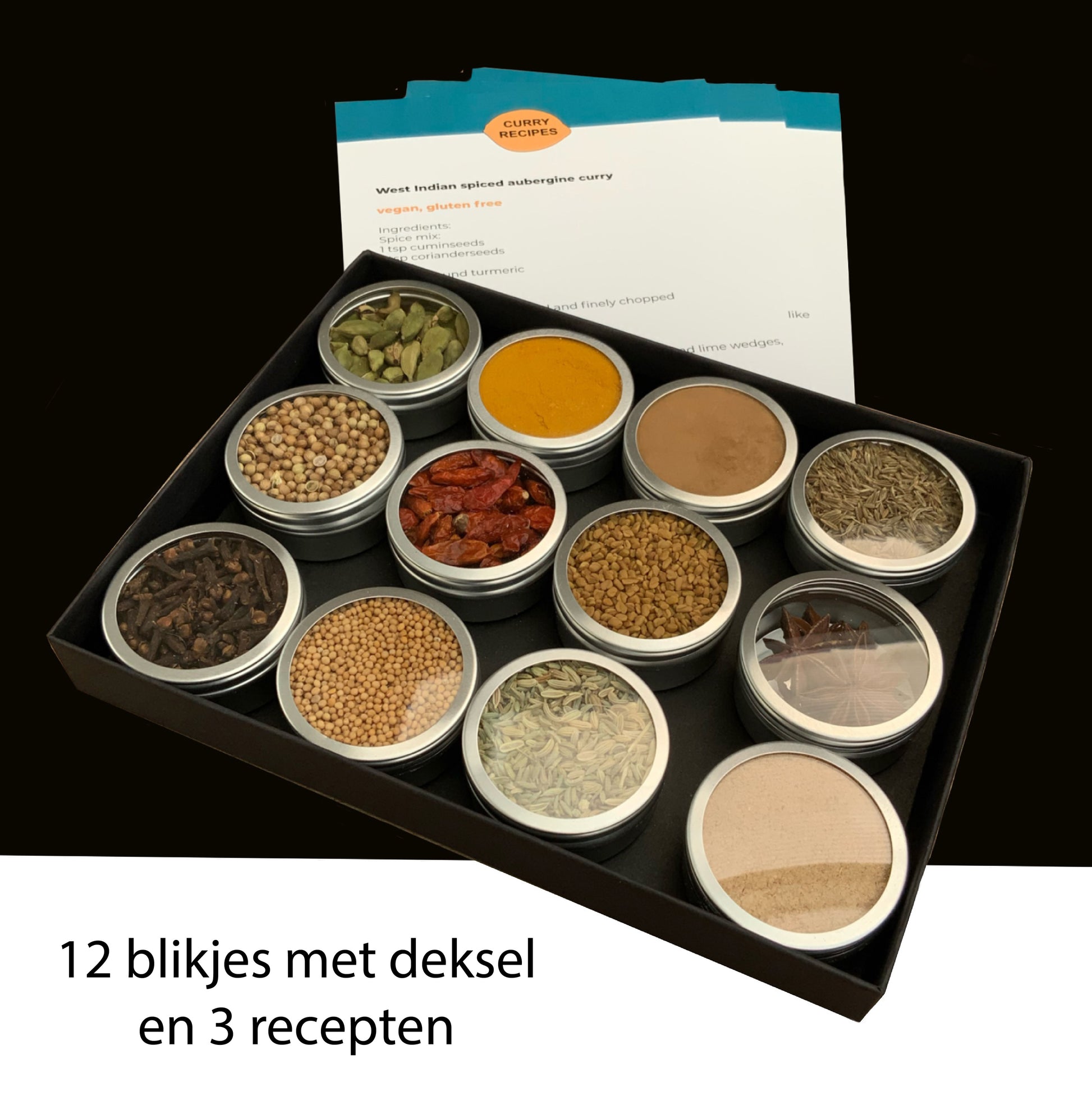 curry kruiden voor het maken van heerlijke curry recepten. 3 curry recepten en 12 blikjes currykruiden